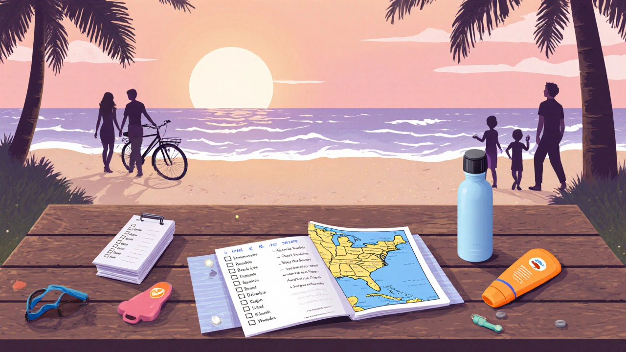 A pastel beachside scene with a travel checklist, map, bike and sunset, suggesting a beach vacation plan.