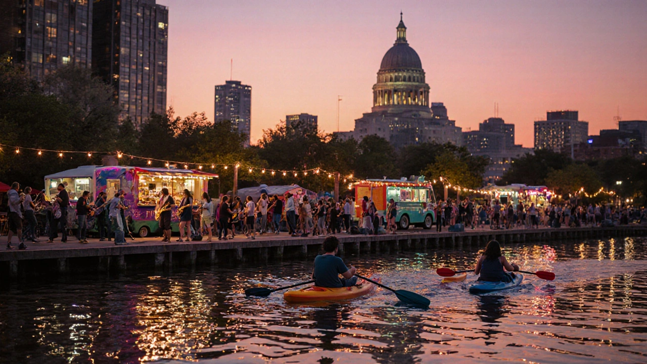 Austin scene with food trucks, live band, kayakers on Lady Bird Lake at sunset.