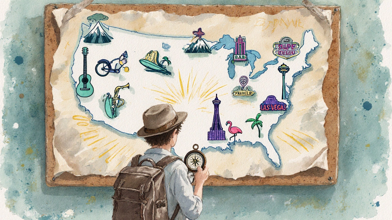 Backpacker viewing a US map with icons for each fun city, highlighting music, mountains, beach and culture.
