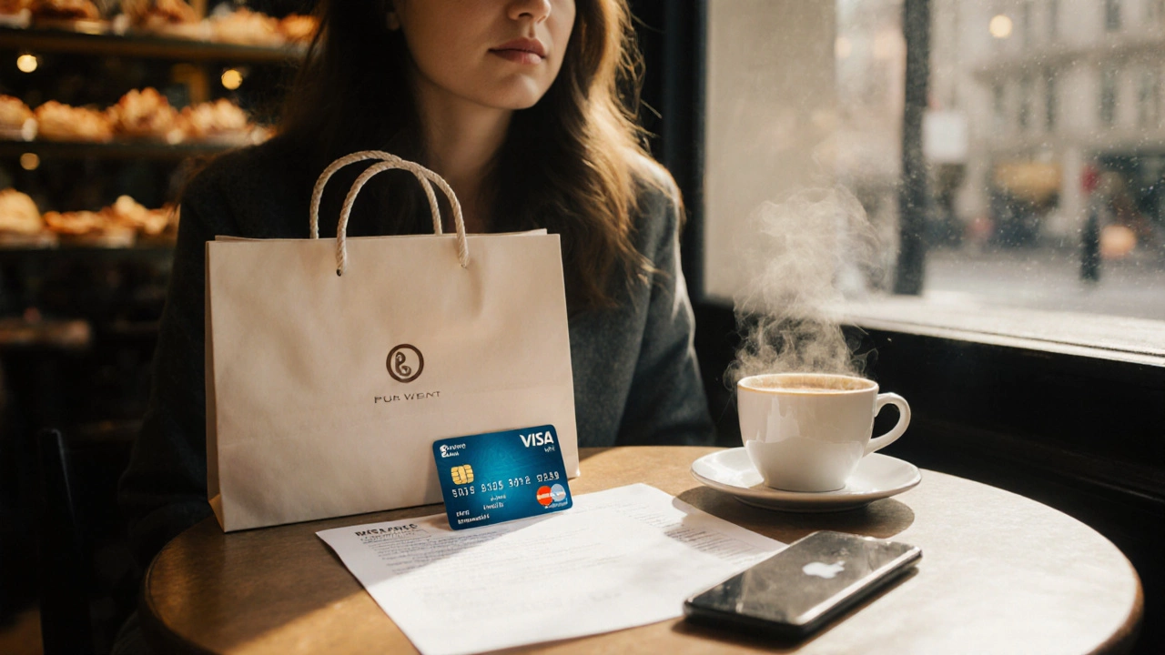 Café scene showing a traveler with a credit card, latte, and shopping bag in morning light.
