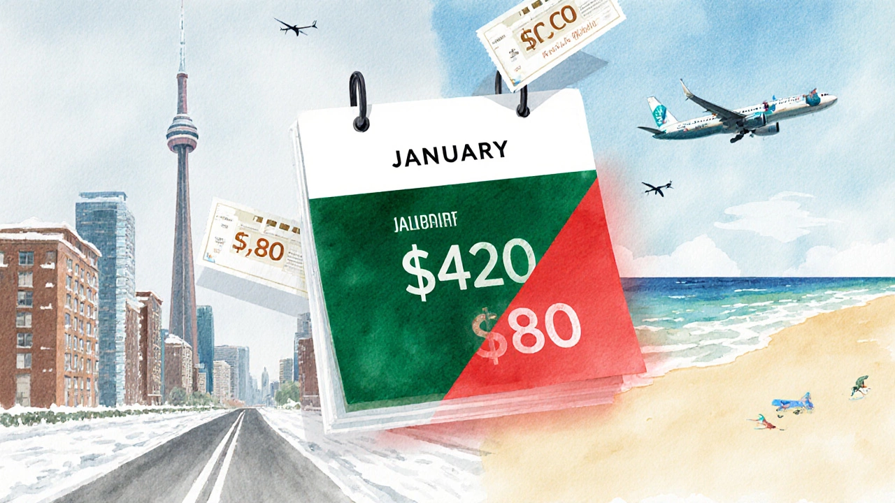 Calendar showing January as the cheapest month to fly, with price comparisons to December.