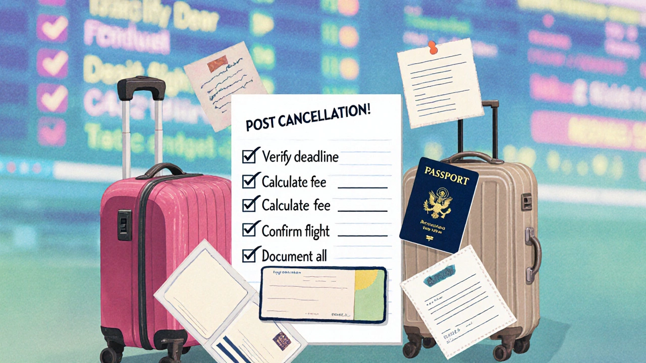 Checklist scene with voucher, travel‑insurance card, passport and luggage, symbolizing safe travel after a partial cancellation.