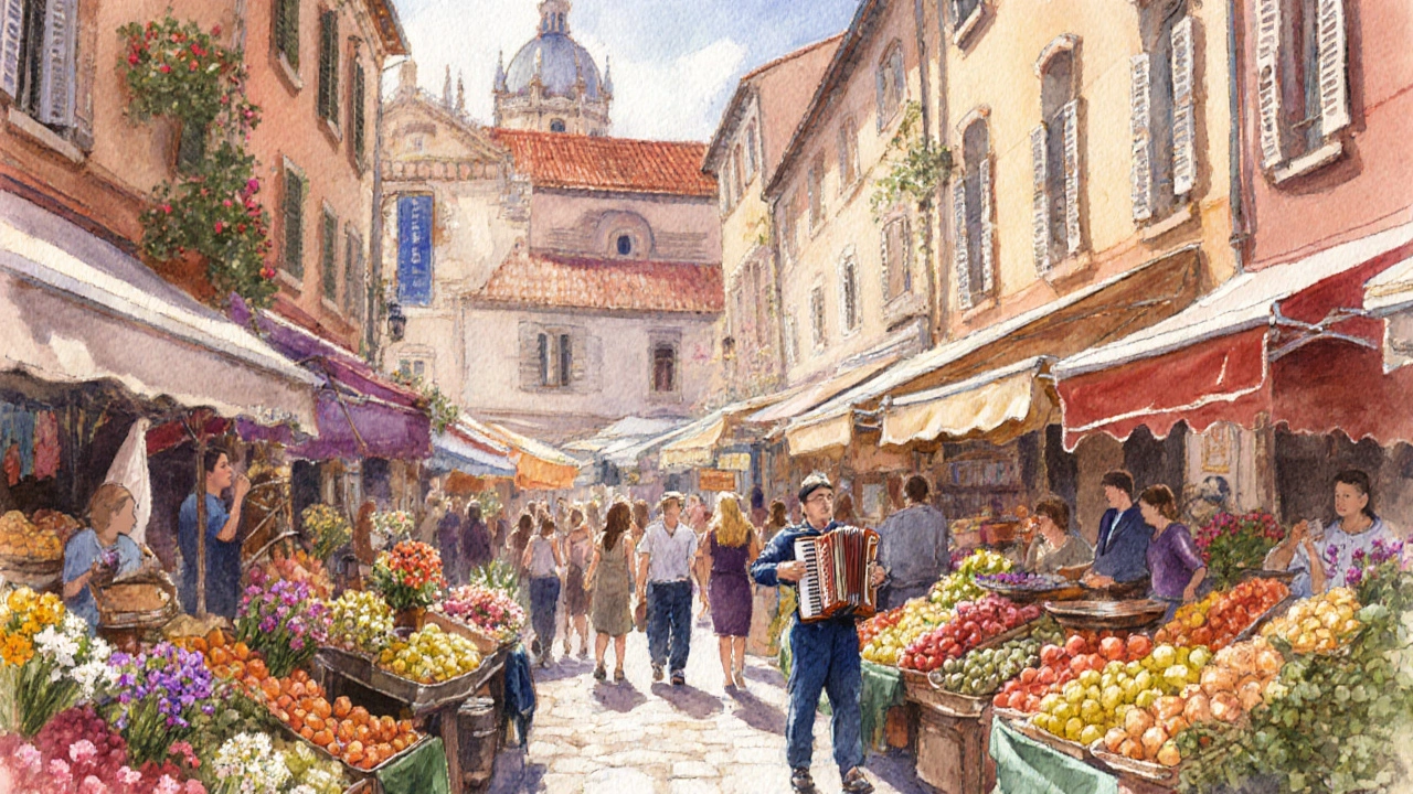 Colorful market stalls in Vieux Nice with flowers, fruit, and socca stalls filled with people.