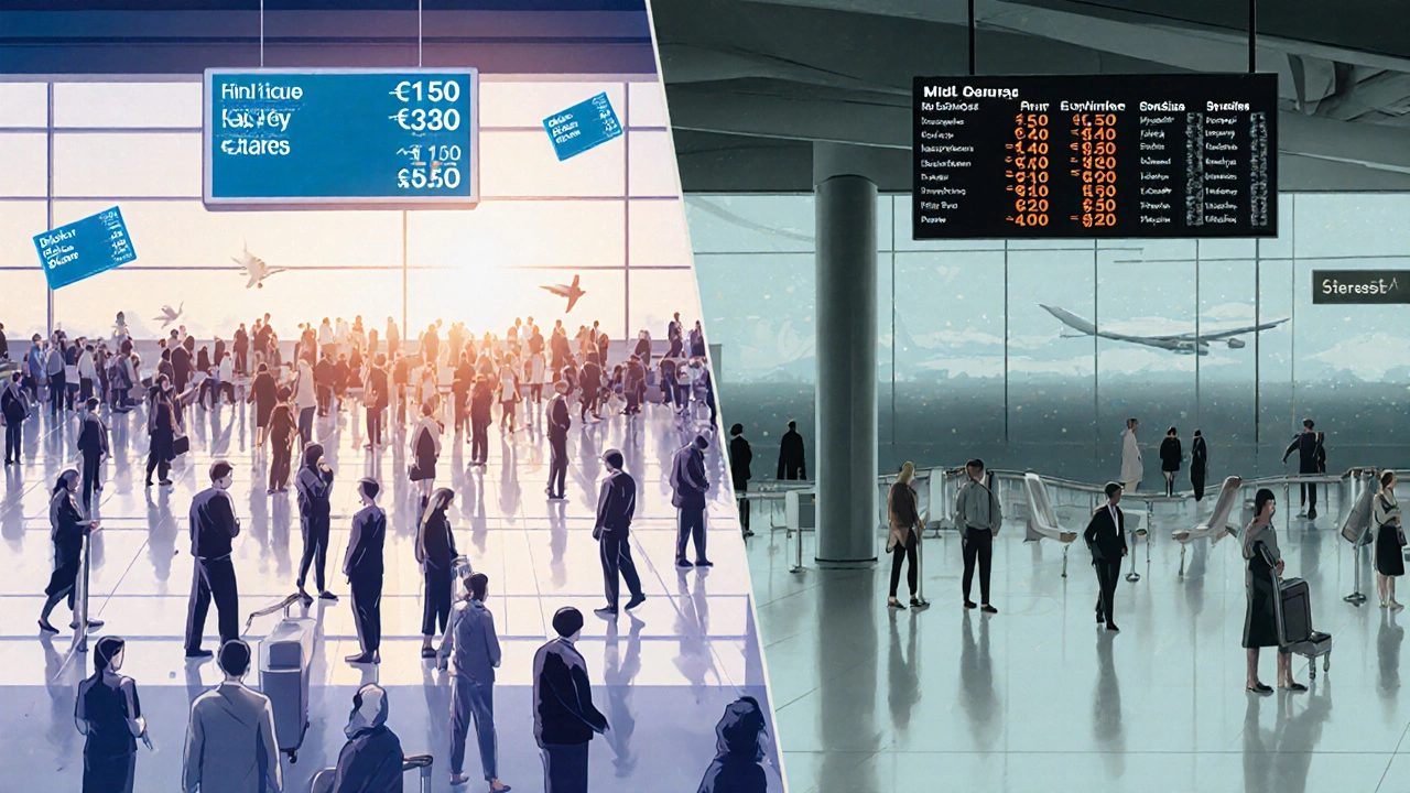 Contrast between crowded Friday airport and calm Tuesday terminal with lower fares.