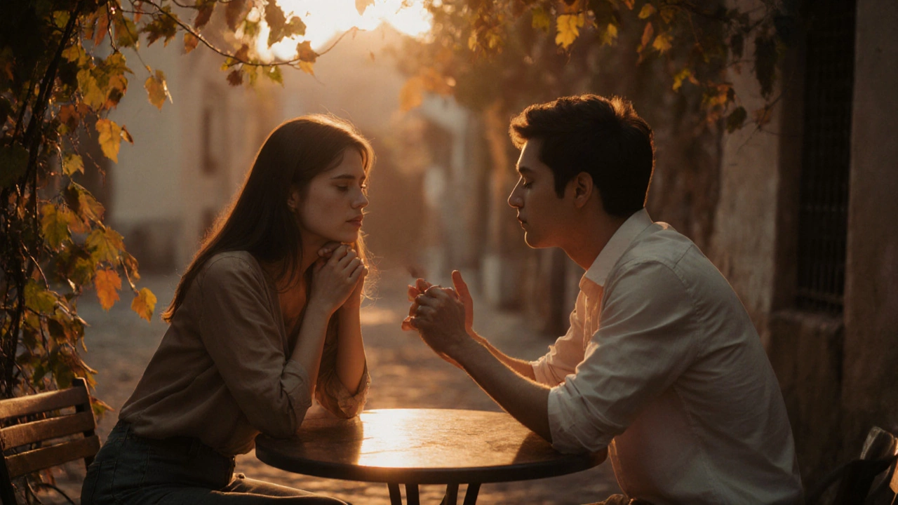 Couple at a café sharing a story, gentle hand touch, warm golden light.
