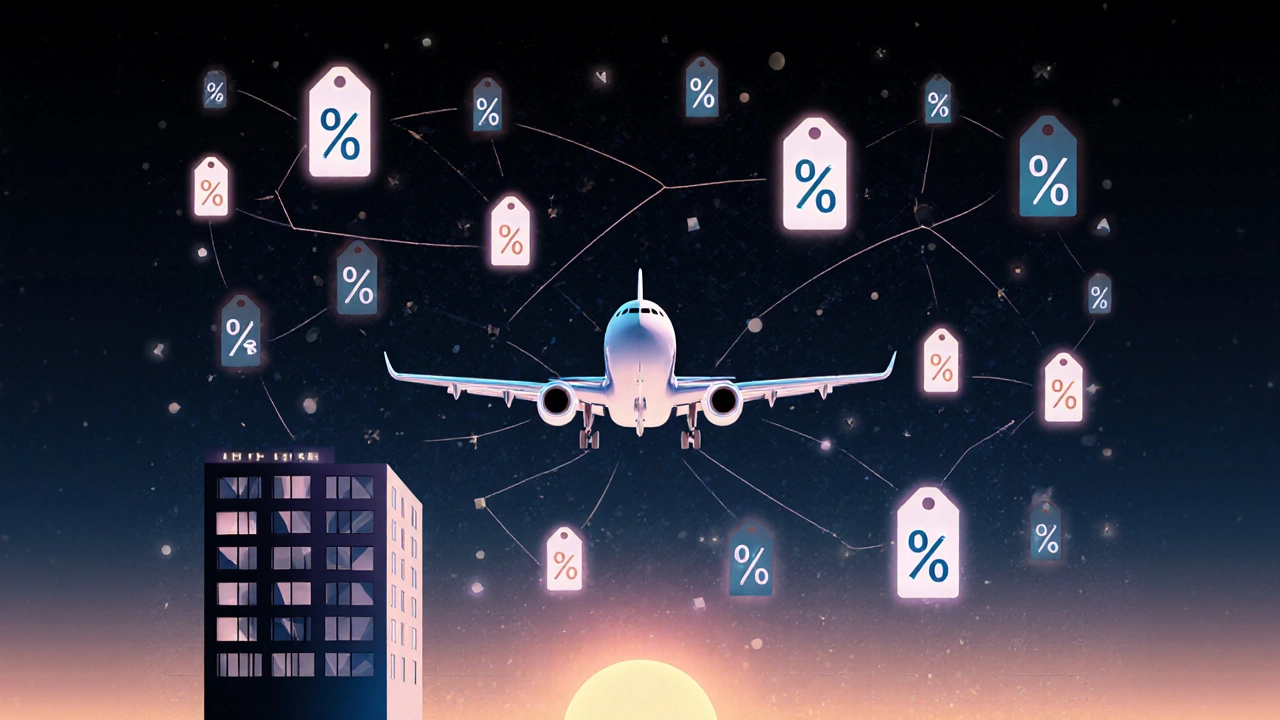Digital art of floating price tags around an airplane and hotel, showing dynamic pricing.