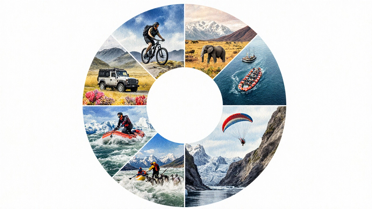 Eight mini scenes showing trekking, safari, scuba diving, mountain biking, rafting, paragliding, kayaking, and polar expedition.