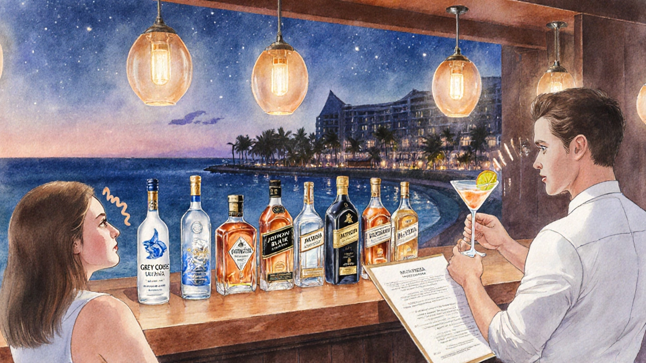 Evening premium bar showing high‑end liquor bottles and a guest considering an extra‑cost cocktail.