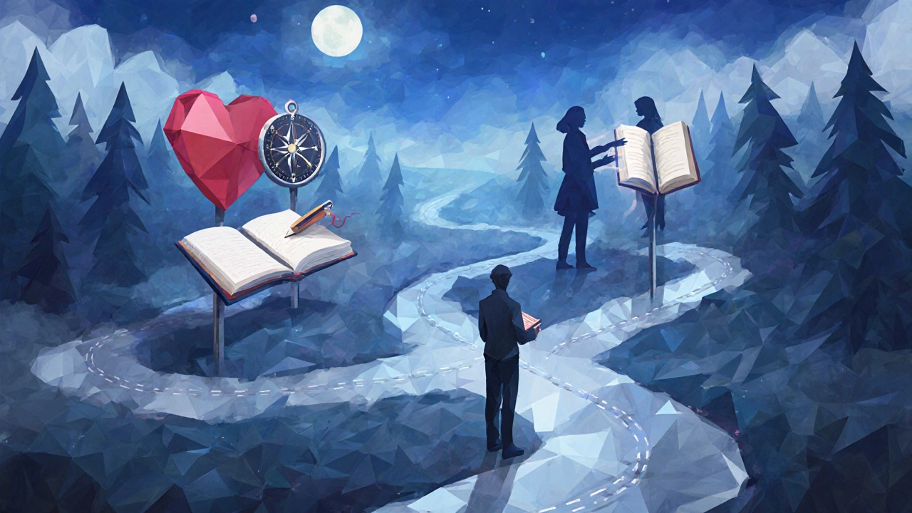 Figure at a forest crossroads, heart compass, journal, and glowing thread under twilight.