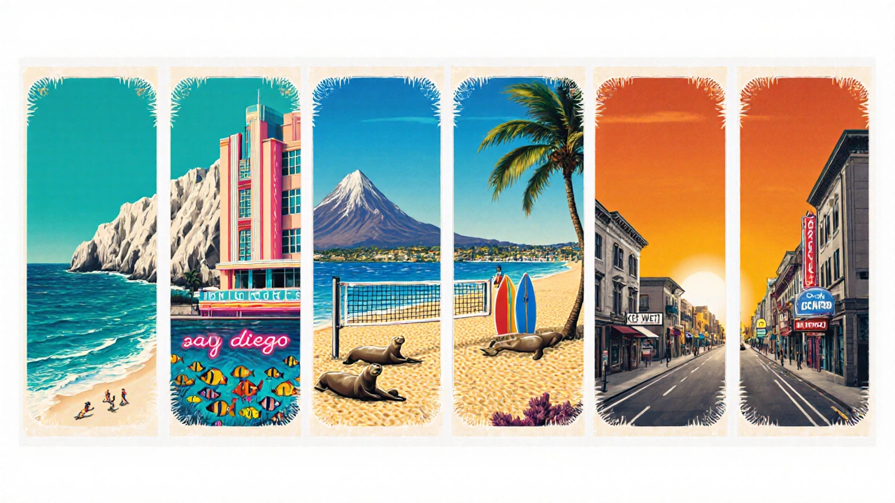 Five stylized panels showing Miami, San Diego, Honolulu, Myrtle Beach, and Key West beach scenes.