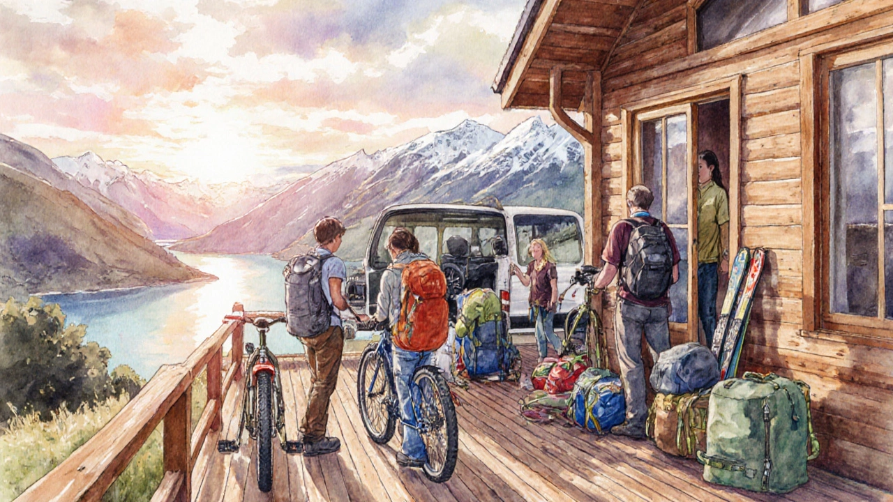 Group of travelers loading eco‑shuttle near a mountain chalet, with skis, bike, and paragliders nearby.