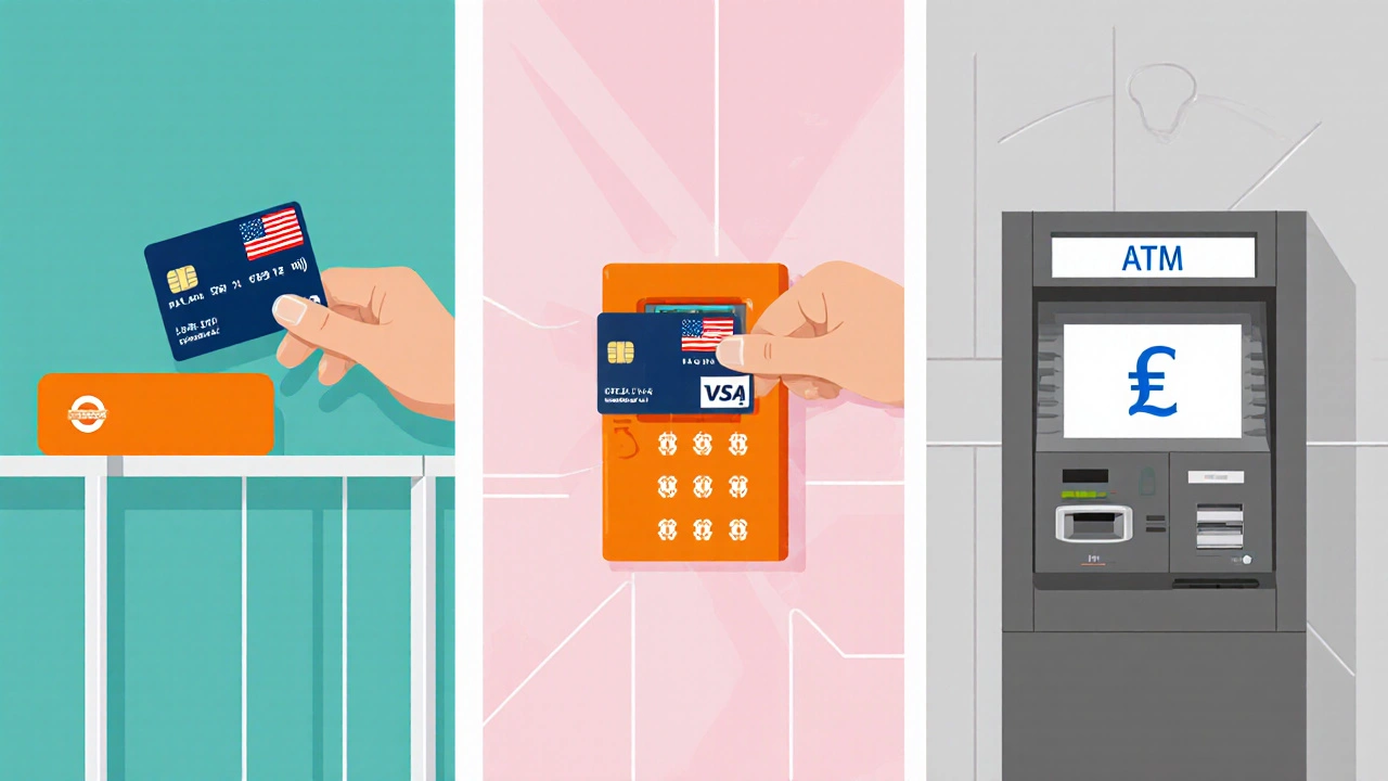 Illustration of a card used for contactless Tube entry, chip‑and‑PIN terminal, and ATM withdrawal.