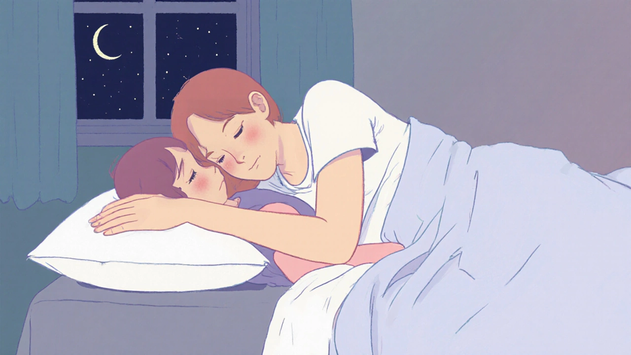 Illustration of spooning position with relaxed partners on a blanket.