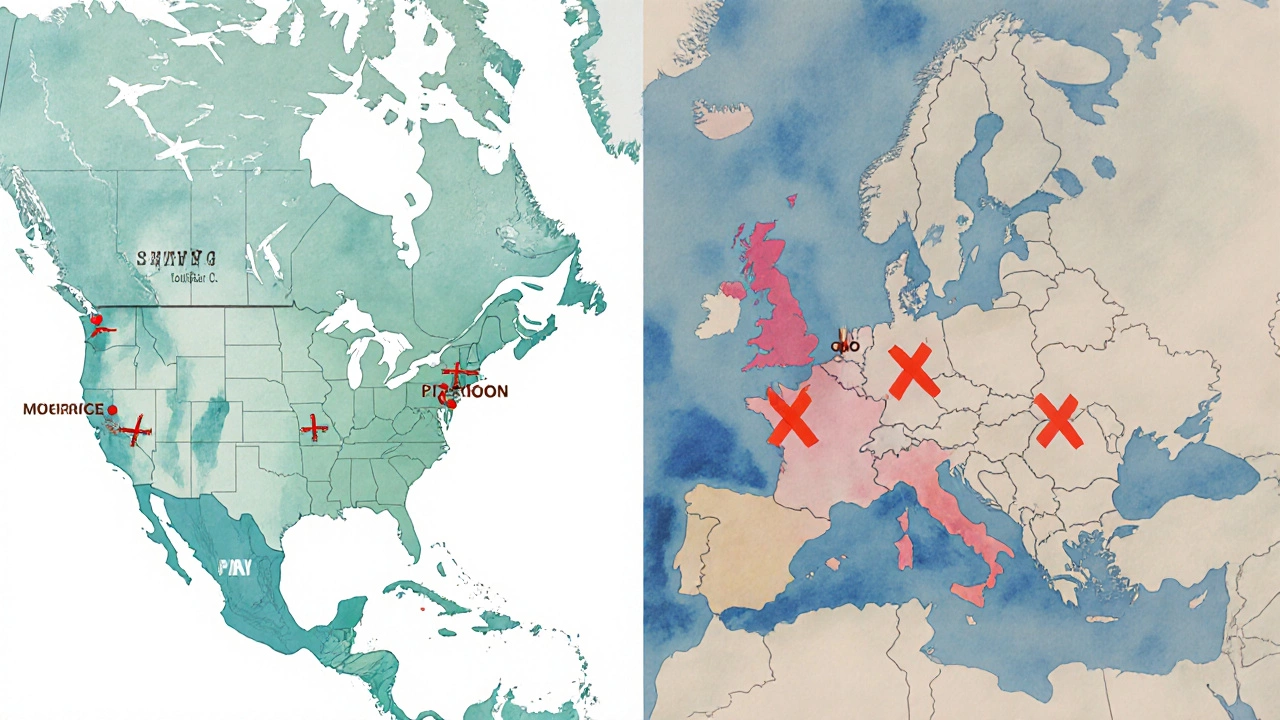 Map showing Toronto connected to nearby U.S. cities, with Europe crossed out in faded red.