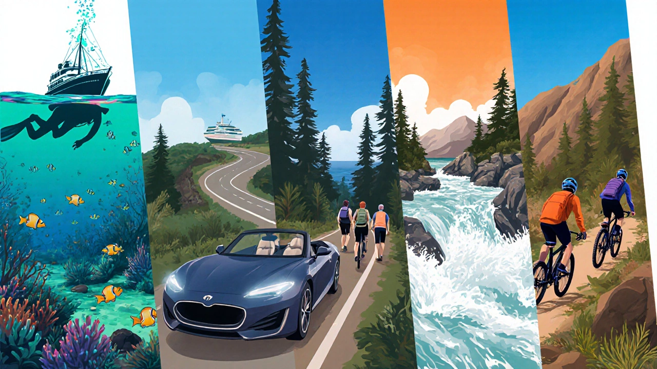 Multiple adventurers engaged in diving, rafting, biking, trekking, and driving across diverse landscapes.