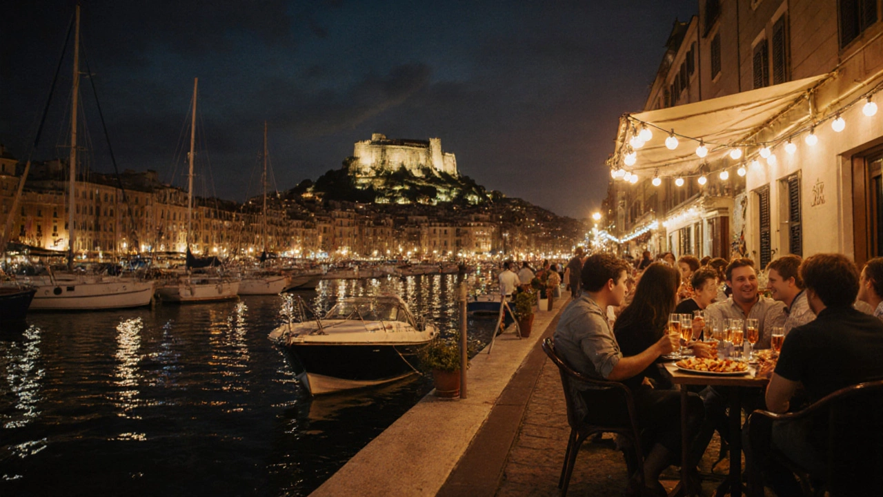 Nighttime Nice Port with illuminated boats, a bistro crowd, and warm glowing lights.