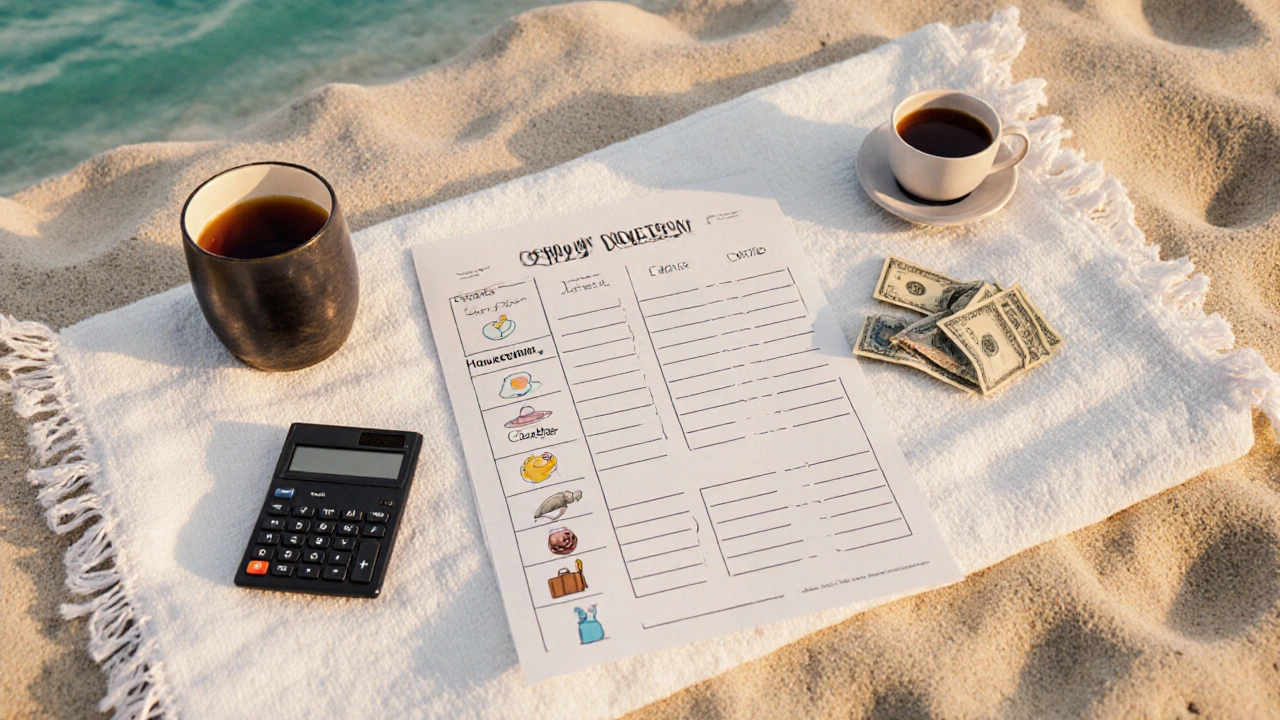 Overhead view of a beach towel with a tip budget sheet and small bills.