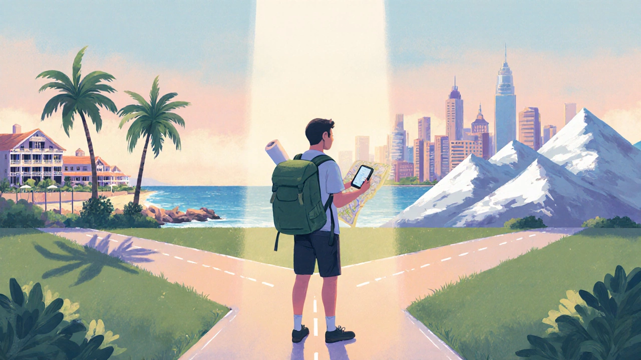 Painterly image of a traveler at a sunrise crossroads choosing between beach, city, and mountain paths.