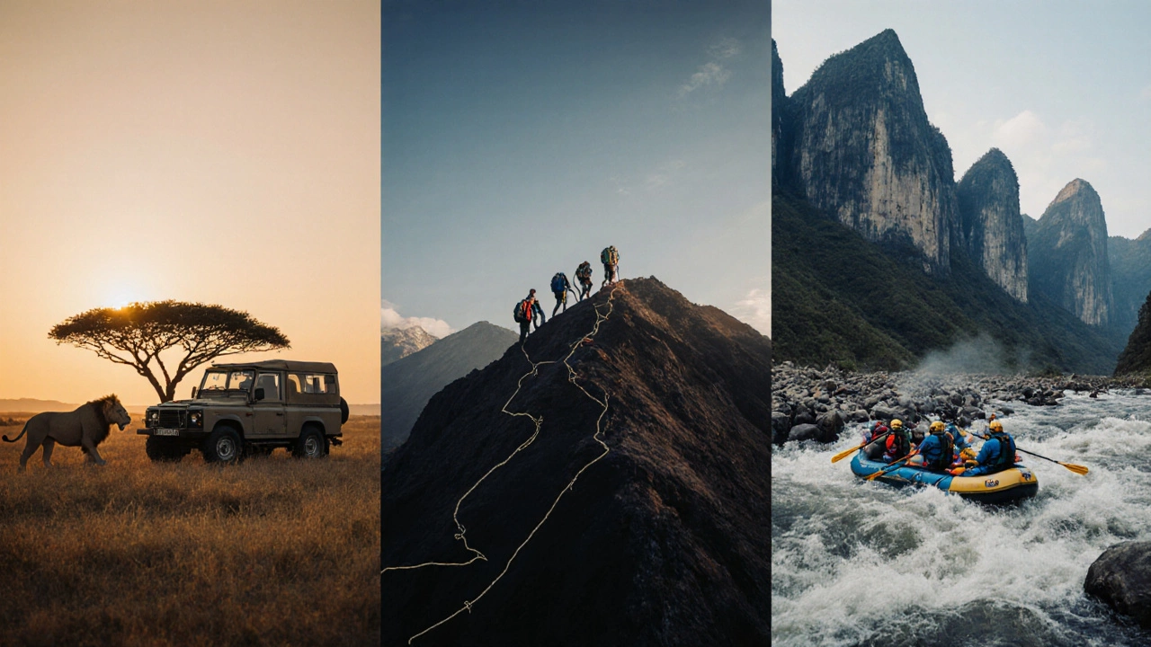 Panoramic view linking savanna safari, highland trek, and river rafting in one flow.