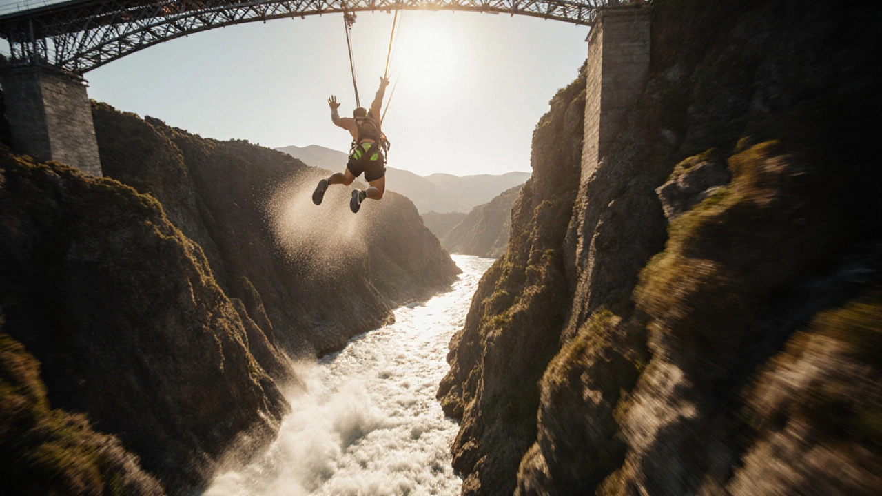 Person leaping from Kawarau Bridge on a bungee cord, with river and canyon below.