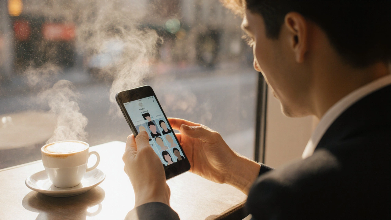 Person swiping on phone at café, reflecting online dating.