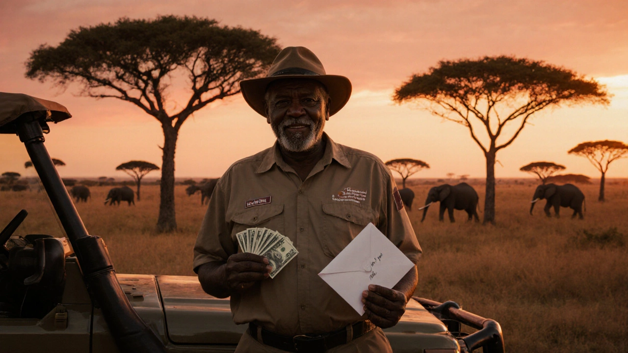 Savanna guide holds cash envelope and thank‑you card beside a safari vehicle at sunset.