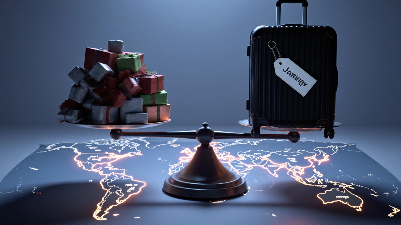 Scale balancing holiday spending against savings from flying in January.