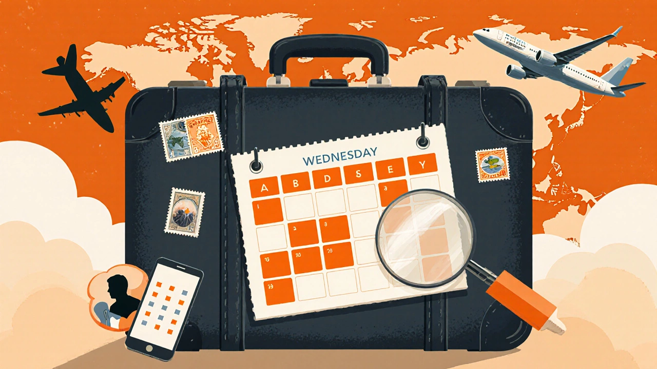 Suitcase, calendar highlighting Tuesday/Wednesday, and travel icons represent cheap holiday checklist.