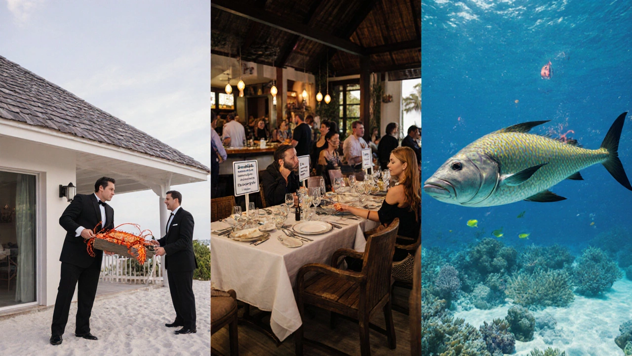 Three resort experiences compared: luxury dining, crowded buffet, and serene spa with reef view.