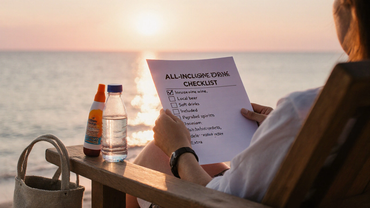 Traveler at sunrise reviewing a drink checklist on the beach, with a reusable bottle beside them.