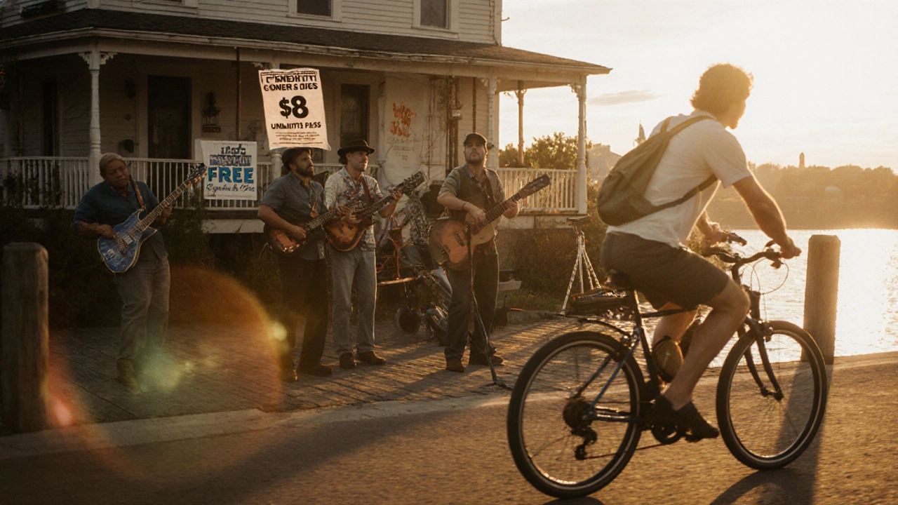 Traveler bikes along the river trail with blues musicians and a free concert in the background.