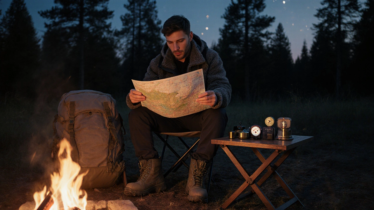 Traveler reviewing gear beside a campfire at dusk, surrounded by maps and equipment.