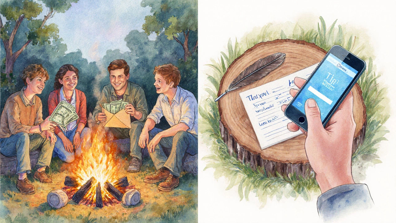 Travelers tip a guide with cash and a digital phone notification, plus a thank‑you note.