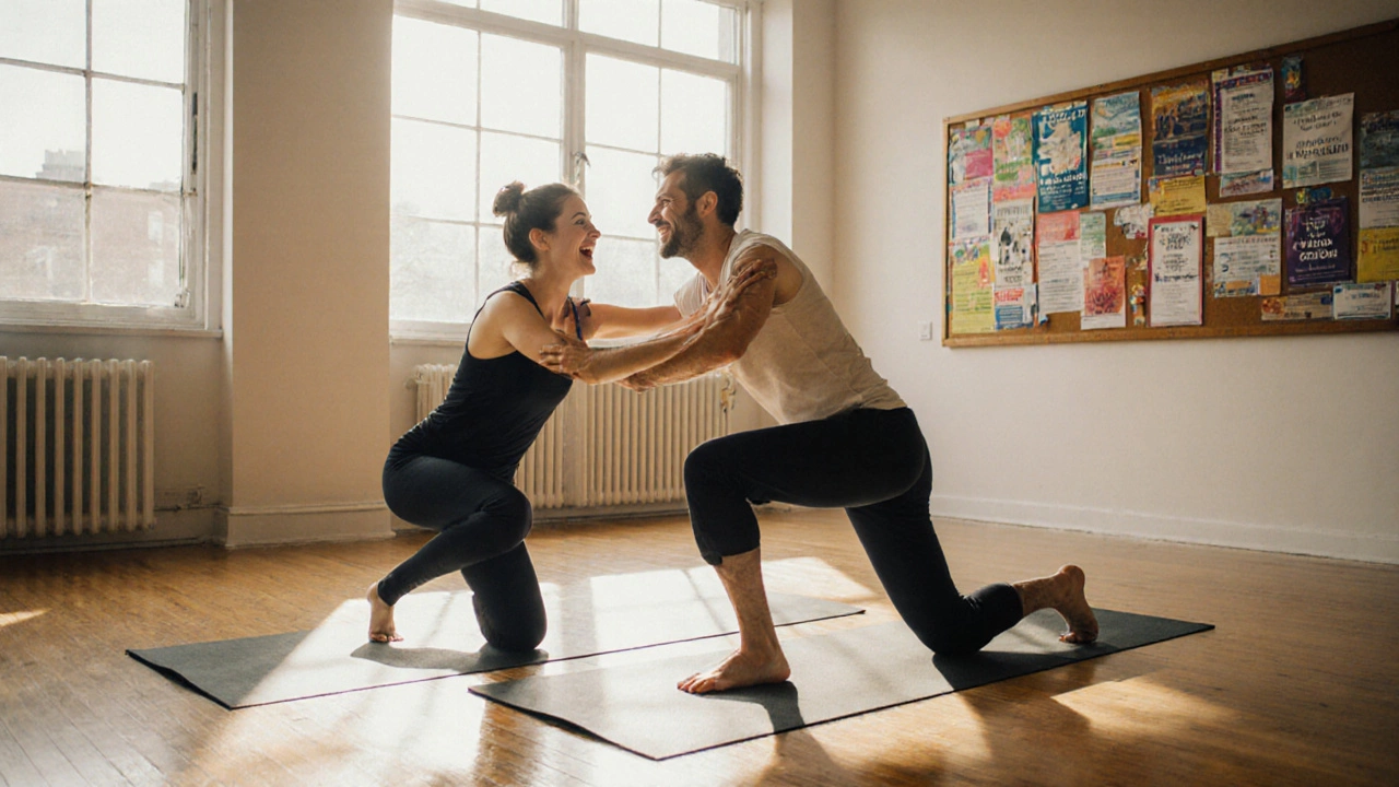 Two people sharing a partner yoga pose in a sunny studio, representing meeting through shared hobbies.