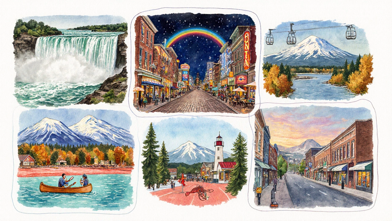 Watercolor collage of Niagara Falls, Montreal, Algonquin Park, PEI beach, Blue Mountains, and Burlington VT.
