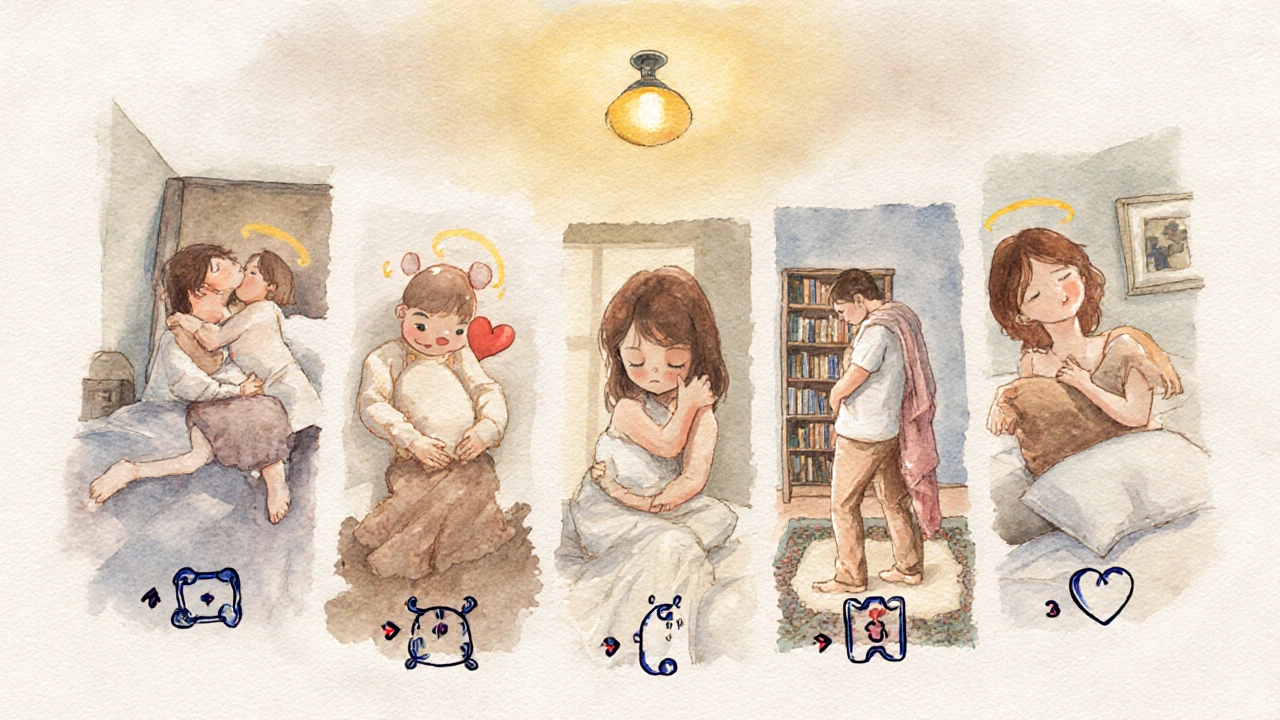 Watercolor collage showing five cuddling positions in a cozy room.