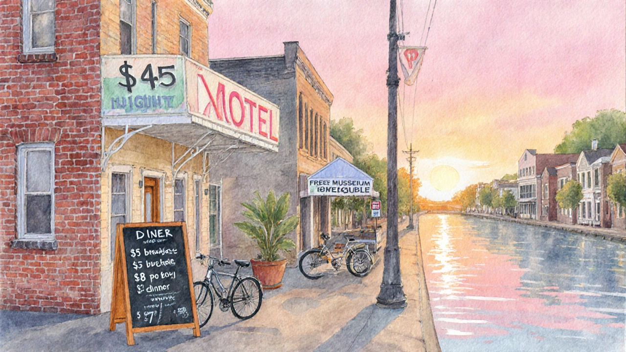 Watercolor scene of a Mississippi town showing cheap hotel, diner, bike rental, and free museum.