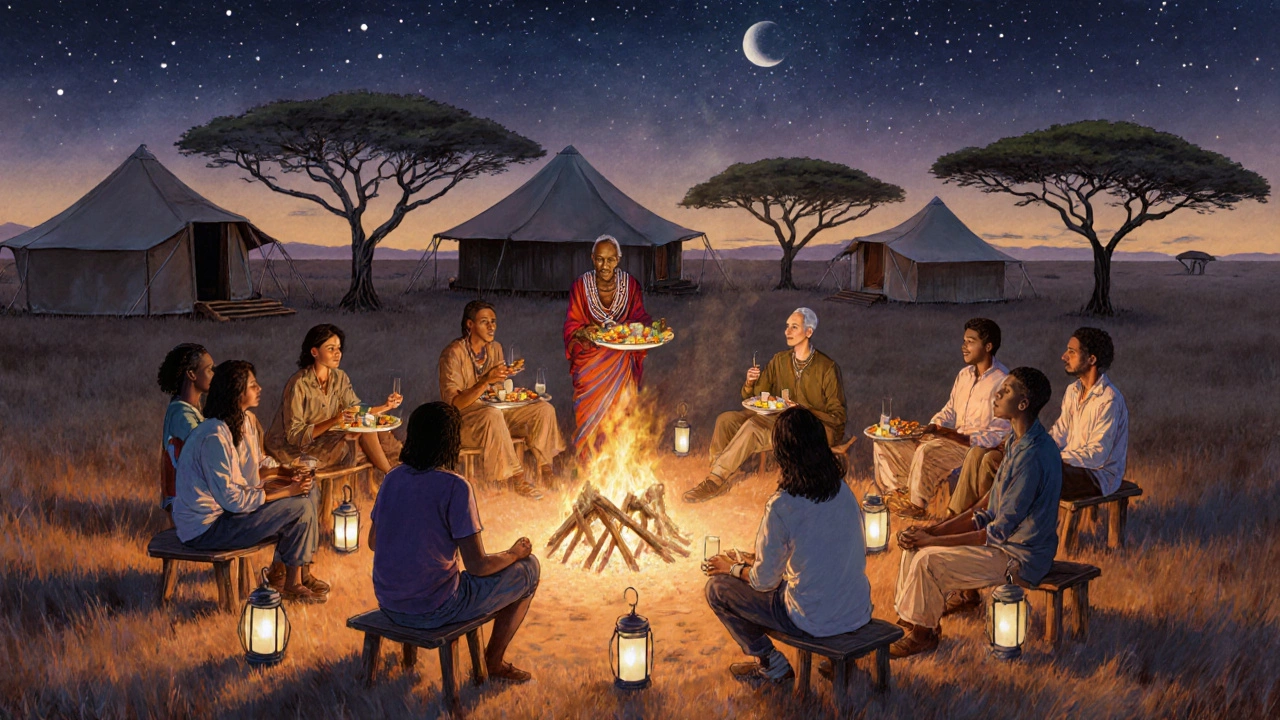 14 travelers gathered around a campfire in the Serengeti, sharing stories under a starry sky.