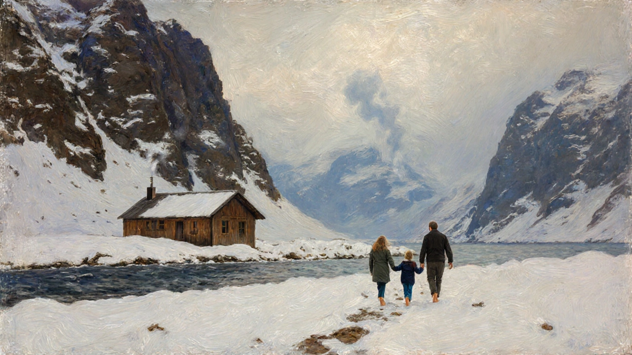A family walks silently on a snow-covered fjord in the Faroe Islands, surrounded by untouched cliffs.