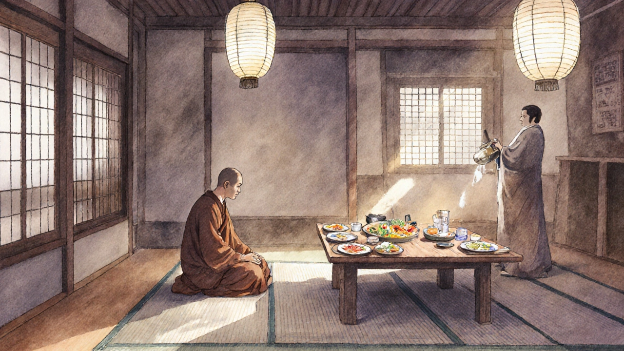 A guest enjoying a quiet kaiseki meal in a traditional Japanese temple with soft lantern lighting.