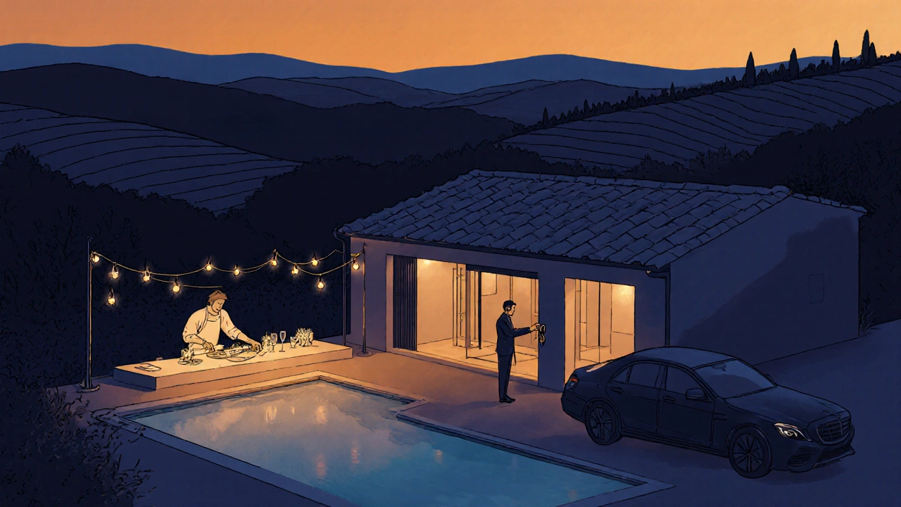 A luxury Tuscan villa at twilight with a chef cooking, a glowing pool, and a waiting driver.