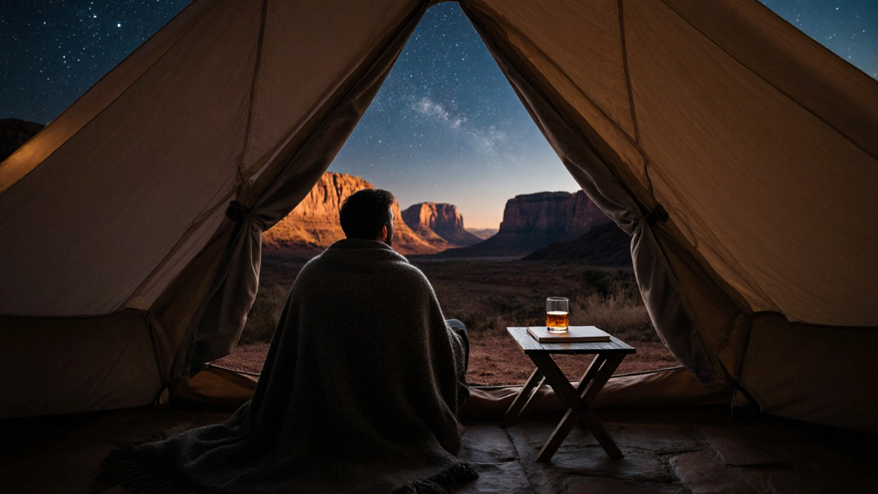 A solo traveler stargazing from a luxury glamping tent in Utah&#039;s canyonlands at dusk.