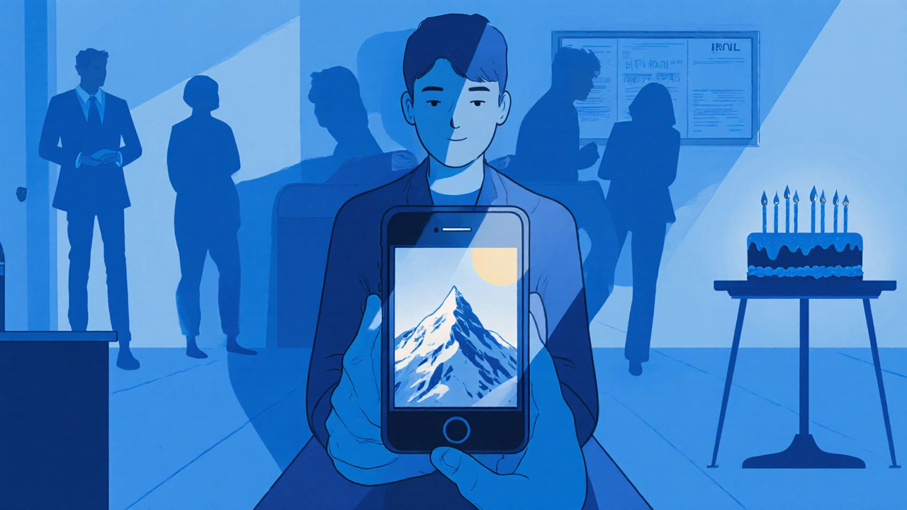 A traveler sits alone in a hostel room, staring at a mountain photo on their phone, shadows of lost life moments loom behind.