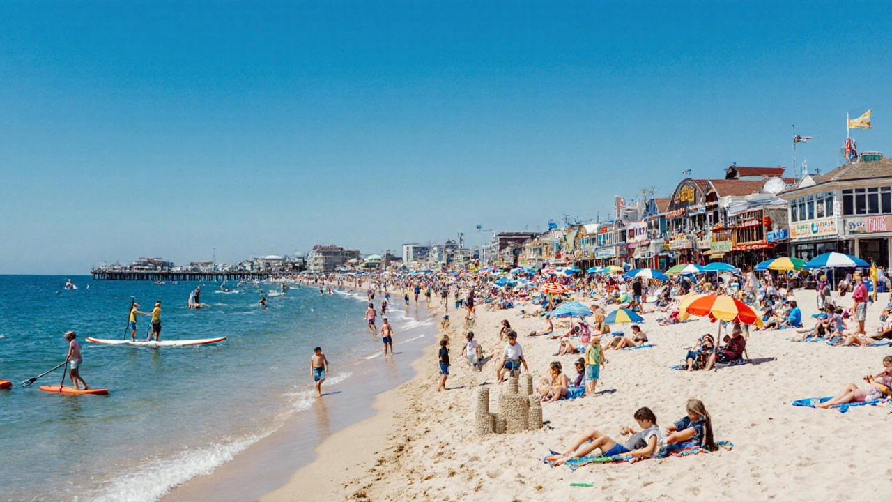 Busy summer beach in July with families, paddleboarders, and colorful umbrellas.