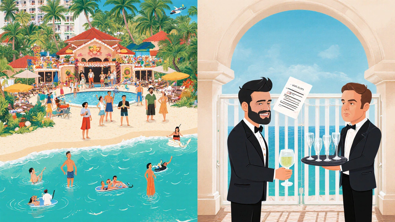 Contrasting scene: vibrant Caribbean all-inclusive resort vs. restricted US resort with hidden fees.