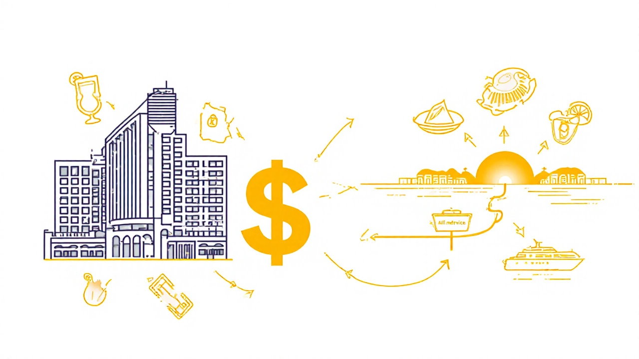 Minimalist concept of a US resort with broken symbols representing missing all-inclusive amenities.