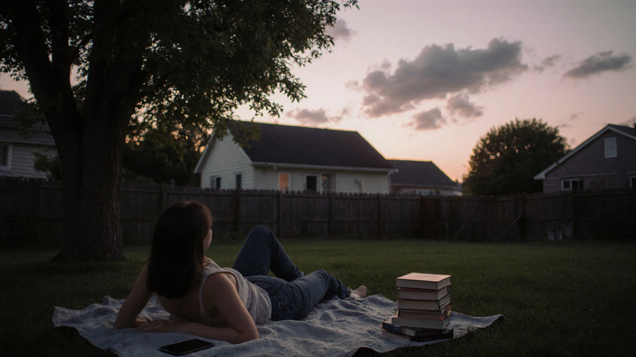 Person lying on a blanket in a backyard, gazing at clouds, phone hidden under books.