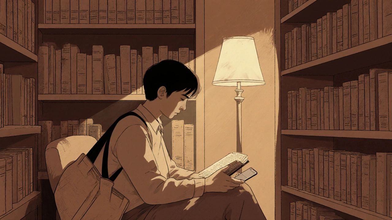 Someone reading a book in a quiet library, phone stored away, no screens visible.
