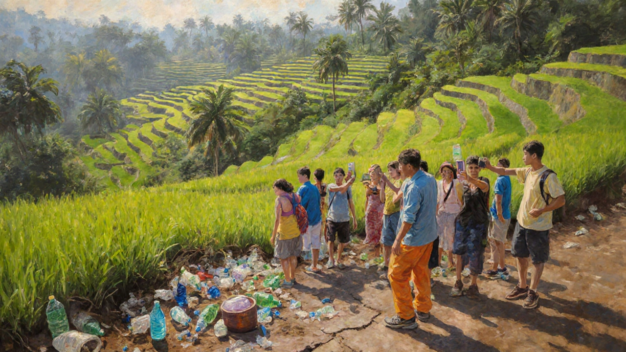Tourists take photos on cracked rice terraces in Bali while local farmers watch, plastic bottles litter the ground.