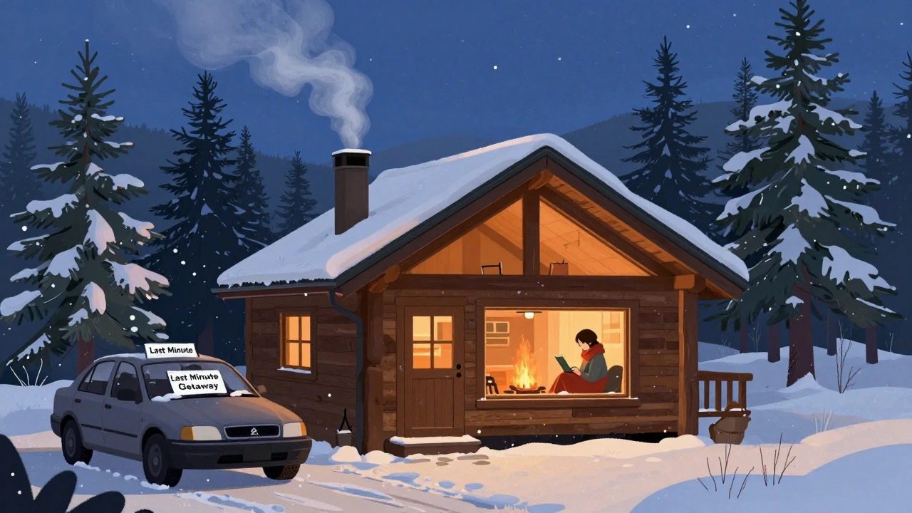 A snow-covered mountain cabin in Colorado with smoke rising, a car parked outside, and warm light glowing from the windows.